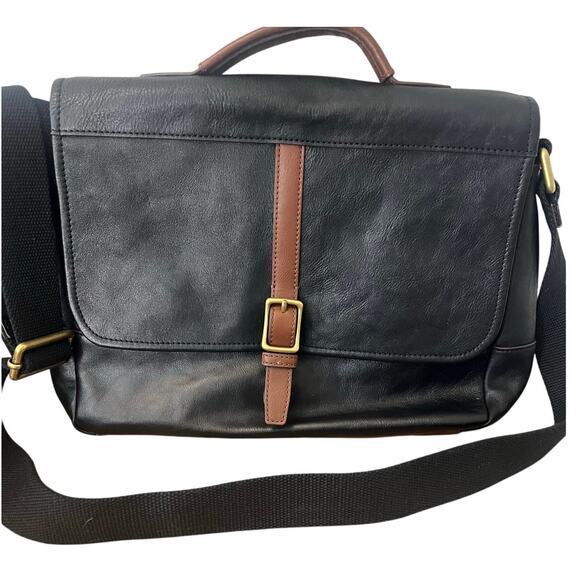 NWOT Fossil Evan Black Leather Commuter Bag Satchel Messenger - Picture 1 of 6